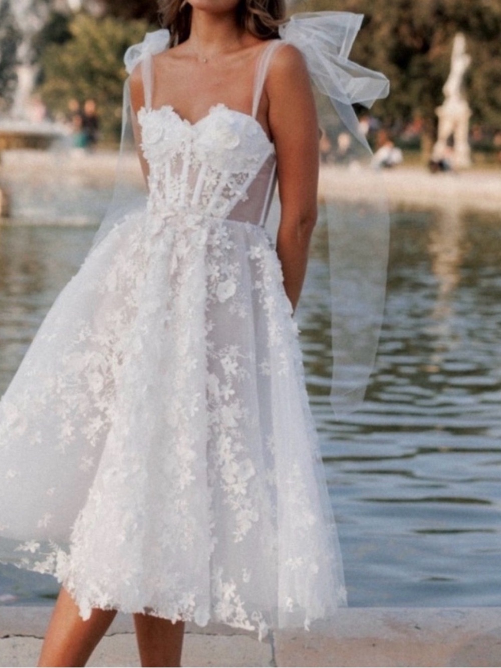 Sofia Rosie Etienne Romantic White Floral Lace Midi Dress w/ Sheer Corset Bodice